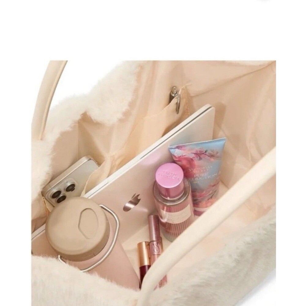 Victoria's Secret Ivory Faux Fur Tote Bag Logo Double Handles Women - Picture 2 of 6